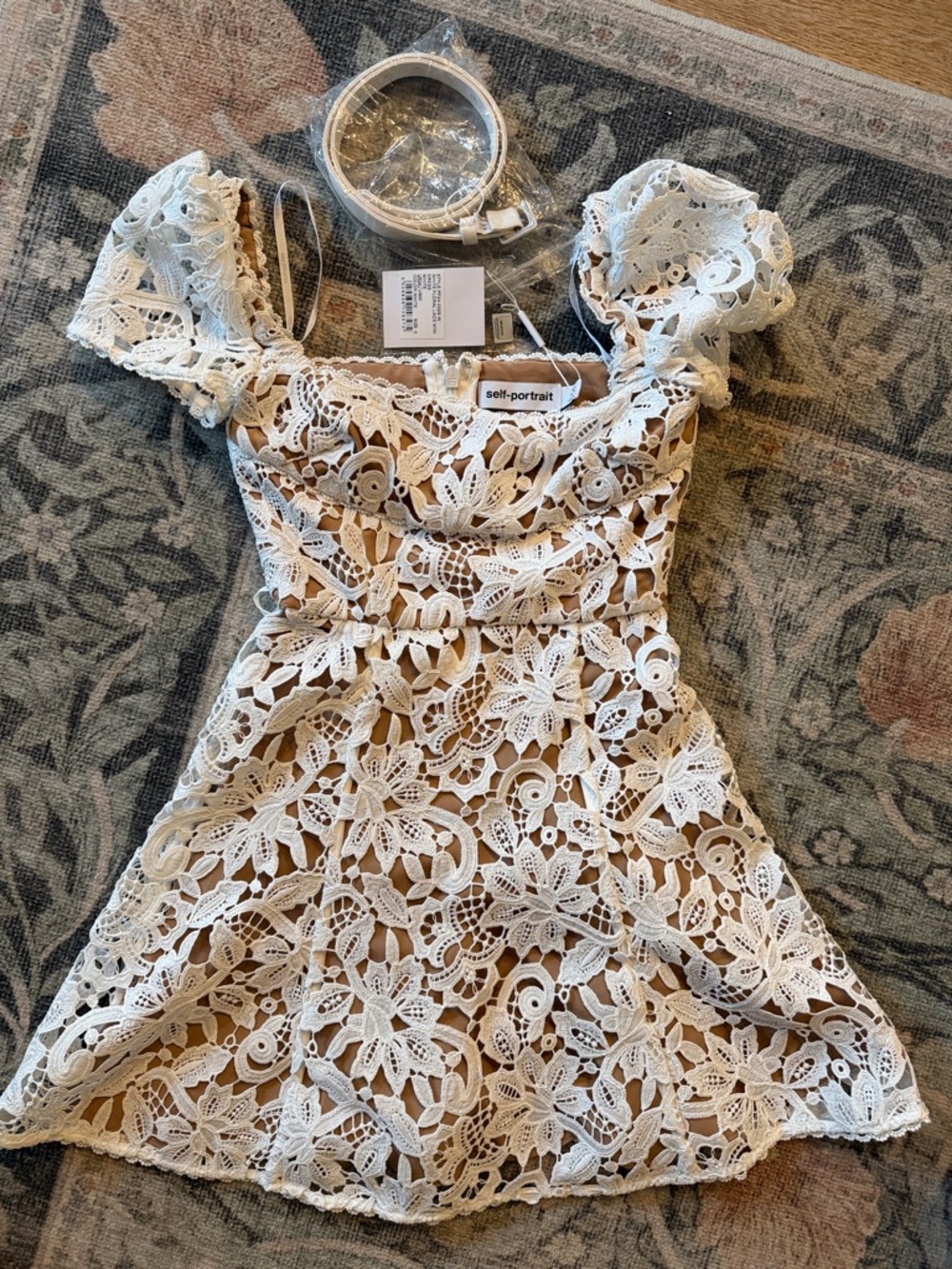 Self-Portrait Cream and White Floral Lace Mini Dress with Puff Sleeves